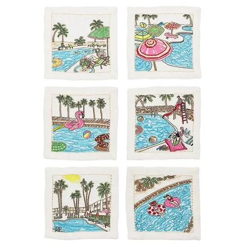 Pool Day Modern White Linen Cocktail Napkin – Set of 6