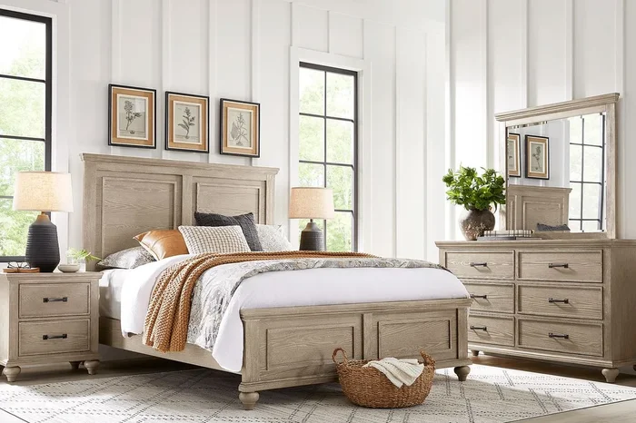 Ridgefield 5 Pc Natural Light Wood Queen Bedroom Set With Dresser, Dresser Mirror, 3 Pc Queen Panel Bed