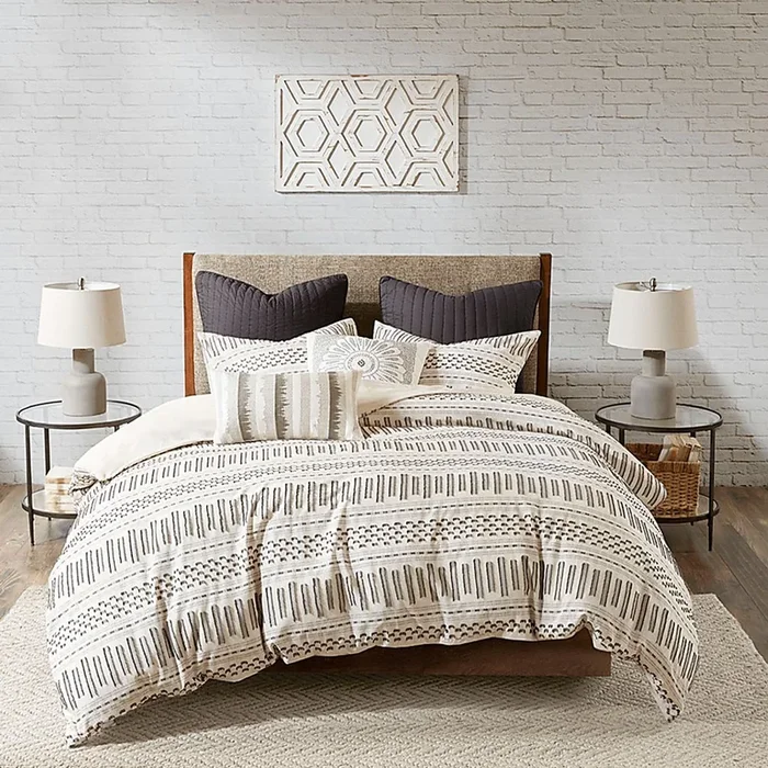 Shrader Ivory Beige Cotton Fabric 3 Pc Full/Queen Duvet Set