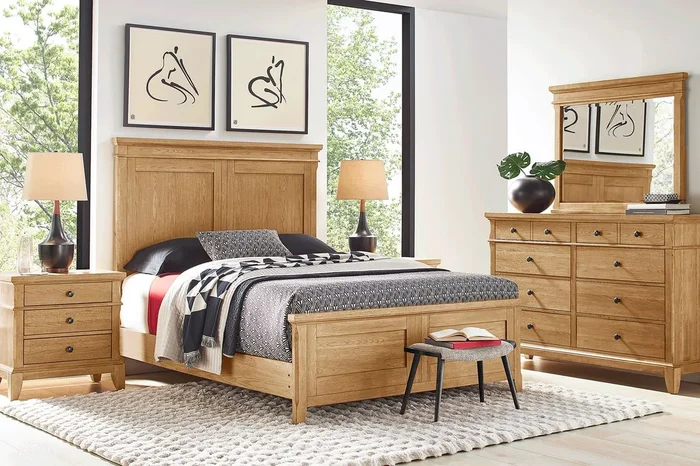 Springville 7 Pc Natural Light Wood King Bedroom Set With Dresser, Mirror, 3 Pc King Panel Bed, Nightstand