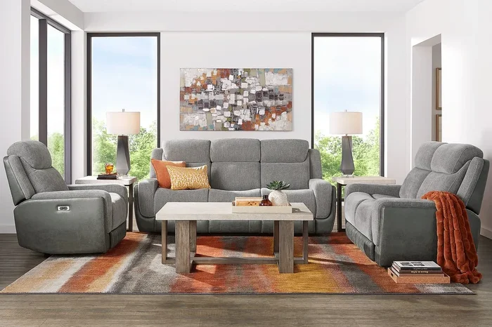 State Street 7 Pc Gray Chenille Fabric Dual Power Reclining Living Room Set With Dual Power Reclining Sofa, Stationary Loveseat, 3 Pc Table Set, Lamp