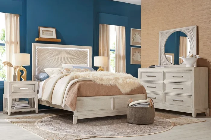 Sunside Way 7 Pc Sand Light Wood King Bedroom Set With Dresser, Mirror, 3 Pc King Bed, Nightstand