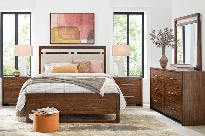 Surrey Ellis 5 Pc Caramel Light Wood Polyester Fabric King Bedroom Set With Dresser, Mirror, 3 Pc King Upholstered Bed