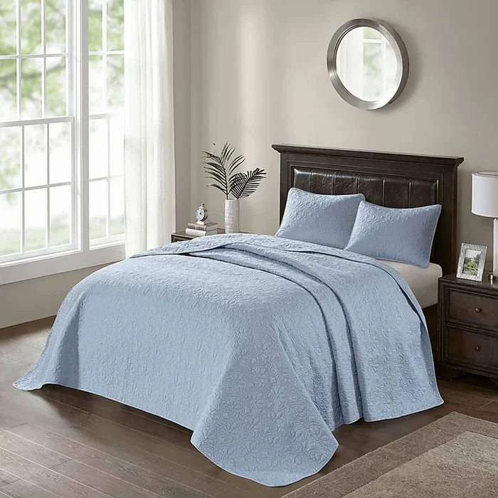 Toyah Blue Cotton,Polyester Fabric 3 Pc Queen Bedspread Set