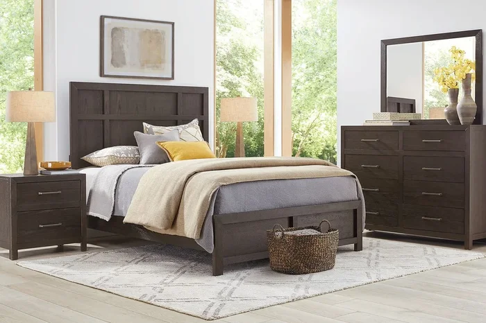 Woodley 7 Pc Dark Brown Wood King Bedroom Set With Dresser, Mirror, 3 Pc King Panel Bed, Nightstand With Usb