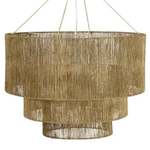 Woven Coastal Beach Natural Brown Jute Rope Wrapped 3 Tier Chandelier