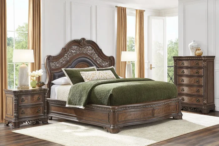 Yorkshire Manor 5 Pc Brown Dark Wood King Bedroom Set With 3 Pc King Panel Bed, Nightstand, Chest