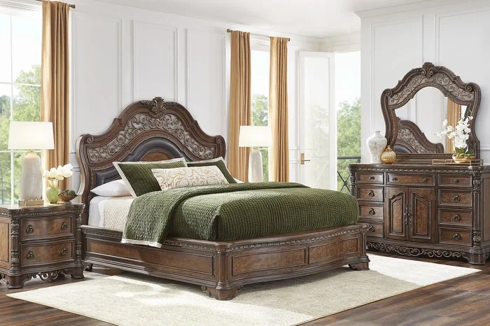 Yorkshire Manor 7 Pc Brown Dark Wood Queen Bedroom Set With Mirror, 3 Pc Queen Panel Bed, Dresser, Nightstand